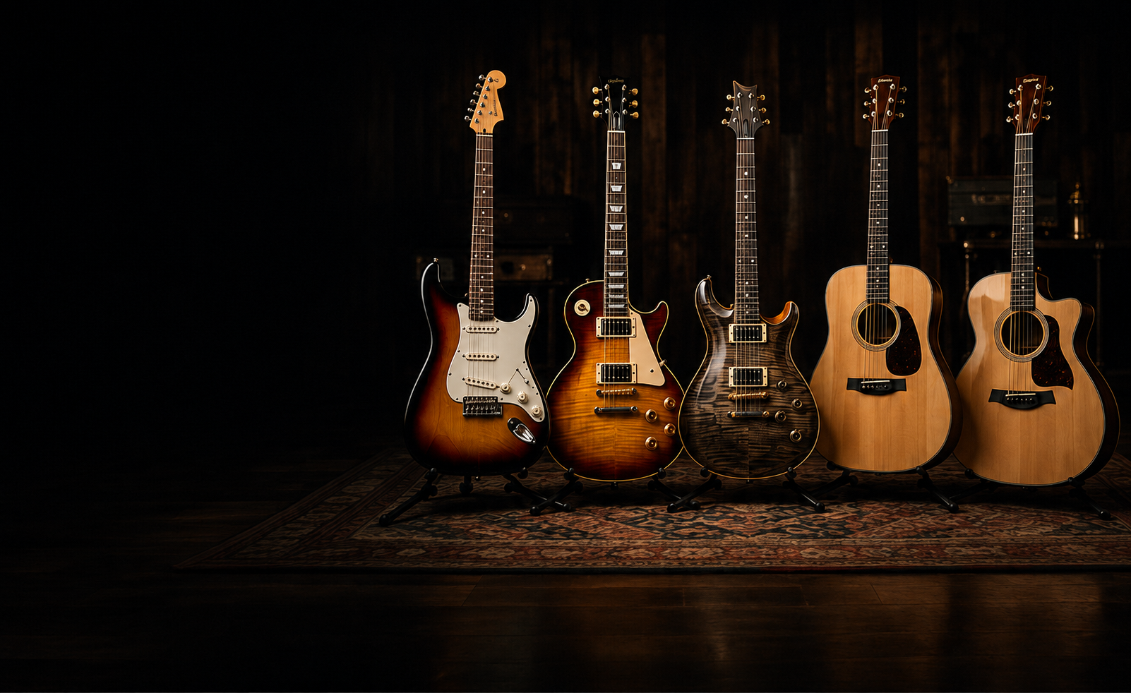 Cinco guitarras americanas em um estúdio escuro