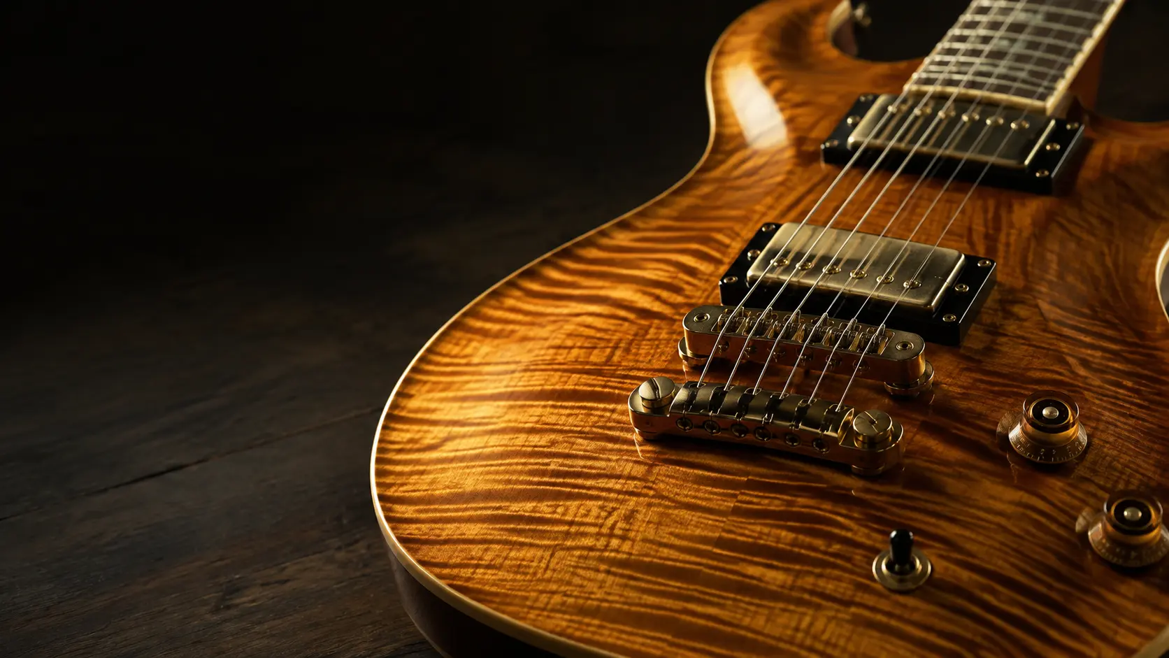 Detalhe do tampo e das ferragens de uma guitarra americana